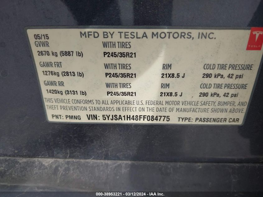 2015 Tesla Model S 85D/P85D VIN: 5YJSA1H48FF084775 Lot: 38953221