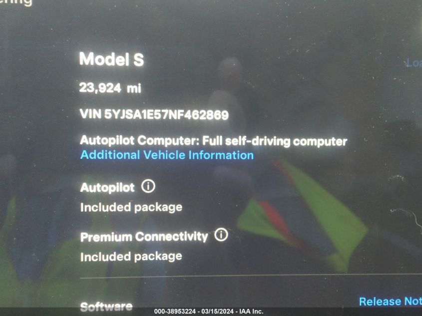 2022 Tesla Model S Dual Motor All-Wheel Drive VIN: 5YJSA1E57NF462869 Lot: 38953224