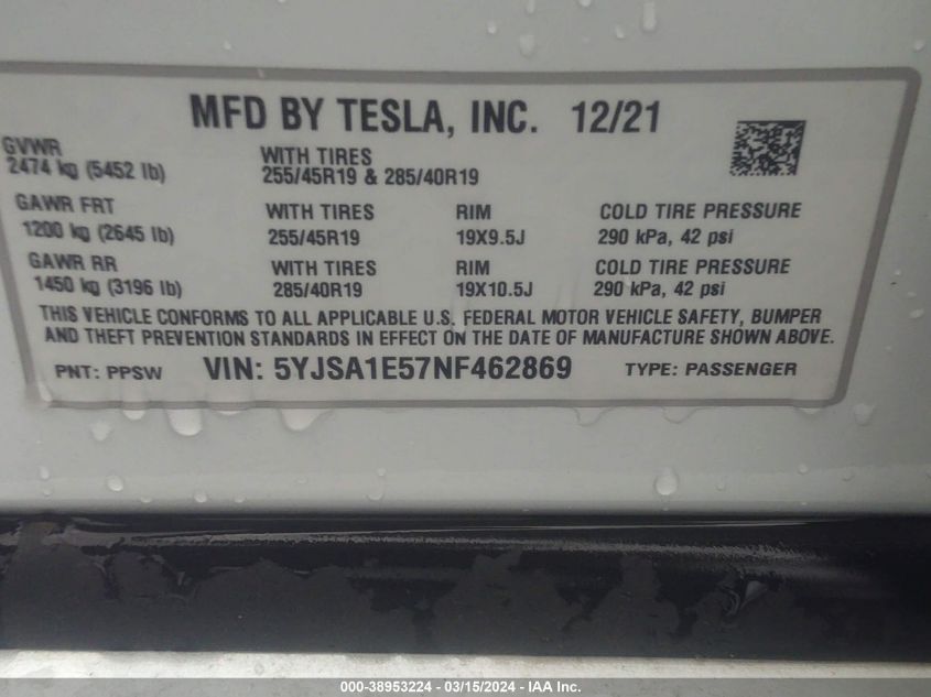 2022 Tesla Model S Dual Motor All-Wheel Drive VIN: 5YJSA1E57NF462869 Lot: 38953224