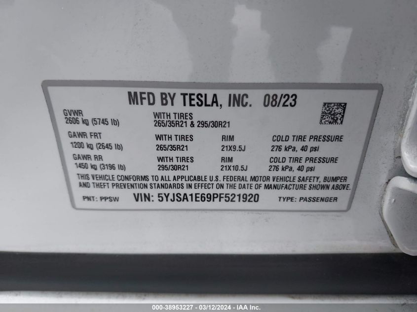 2023 Tesla Model S Plaid Tri Motor All-Wheel Drive VIN: 5YJSA1E69PF521920 Lot: 38953227