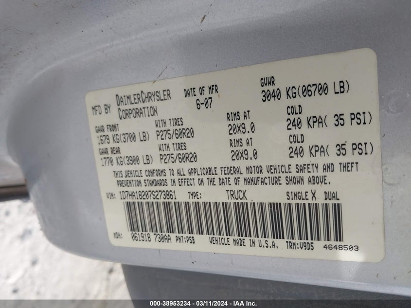 2007 DODGE RAM 1500 VIN: 1D7HA18207S273861