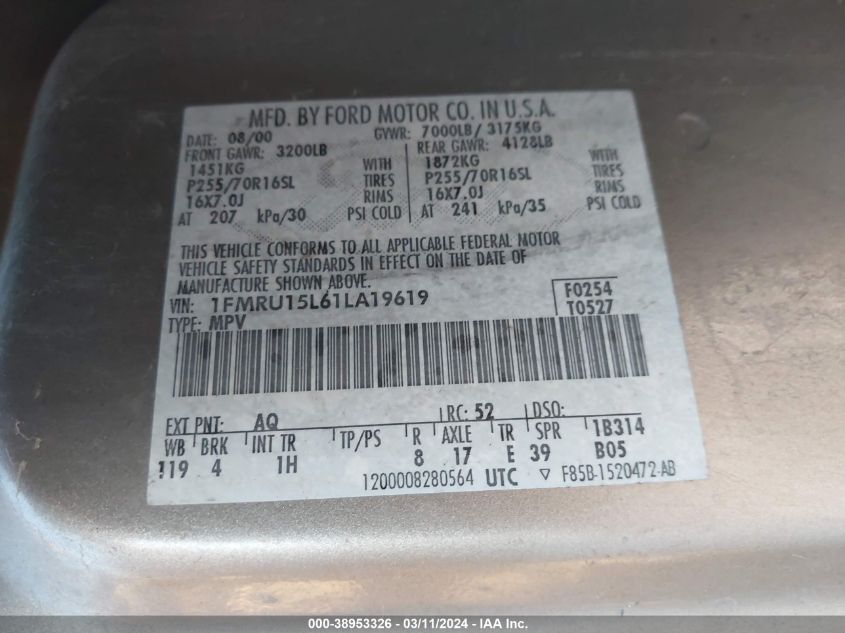 2001 Ford Expedition Xlt VIN: 1FMRU15L61LA19619 Lot: 37967984