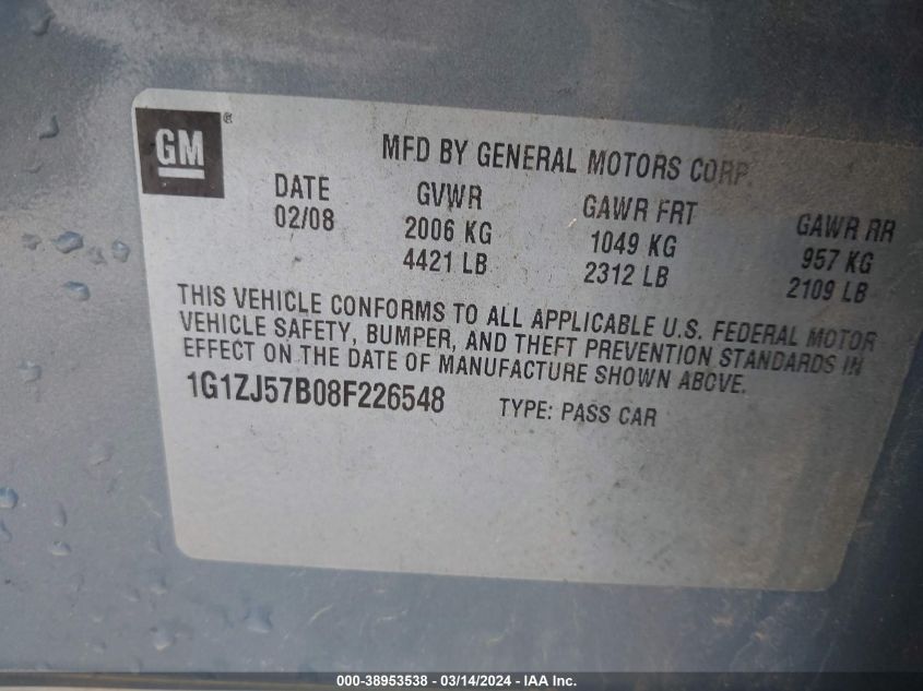 1G1ZJ57B08F226548 | 2008 CHEVROLET MALIBU