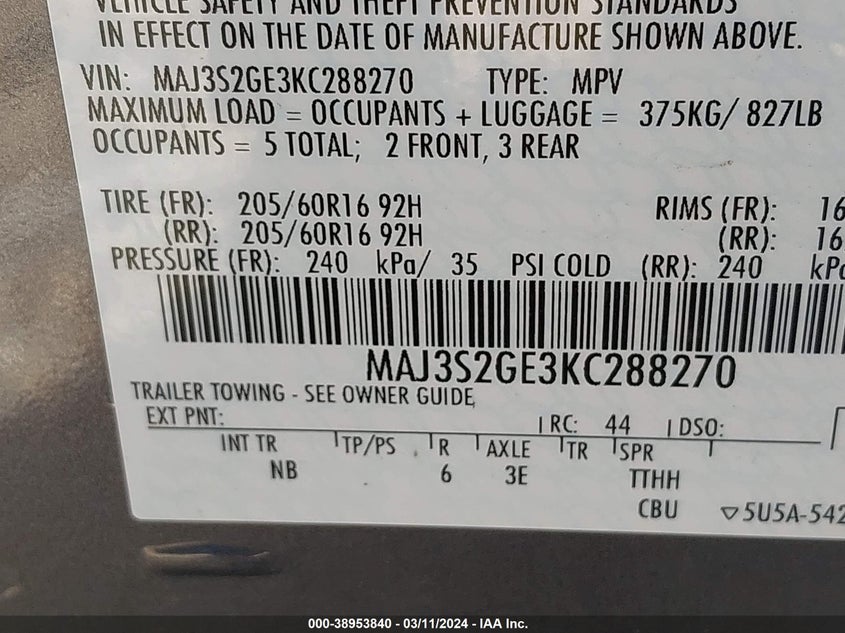 VIN MAJ3S2GE3KC288270 2019 FORD ECOSPORT SE