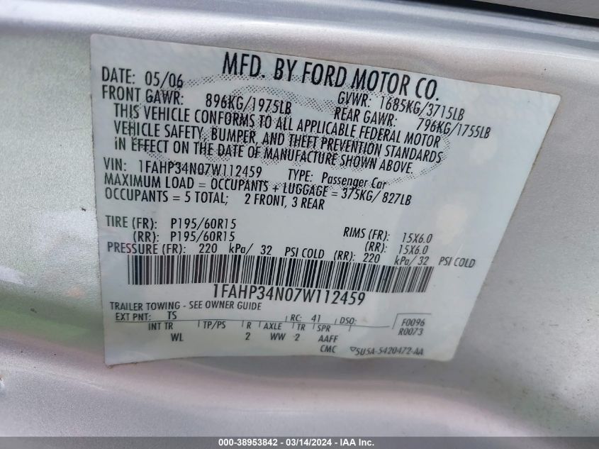 1FAHP34N07W112459 | 2007 FORD FOCUS