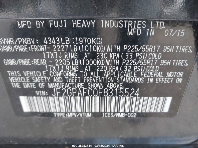 2015 SUBARU XV CROSSTREK 2.0I PREMIUM - JF2GPAFC0F8315524