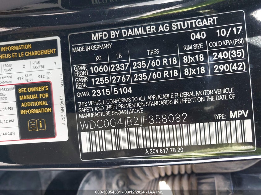 2018 MERCEDES-BENZ GLC-CLASS VIN: WDC0G4JB2JF358082