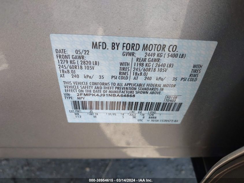 2022 Ford Edge Sel VIN: 2FMPK4J91NBA64868 Lot: 38954615