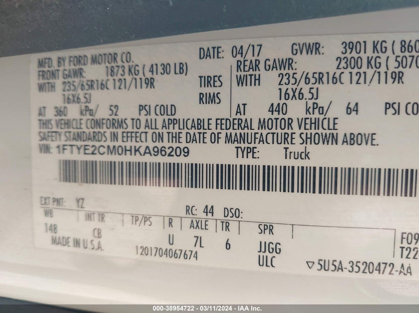 VIN 1FTYE2CM0HKA96209 2017 FORD TRANSIT-150