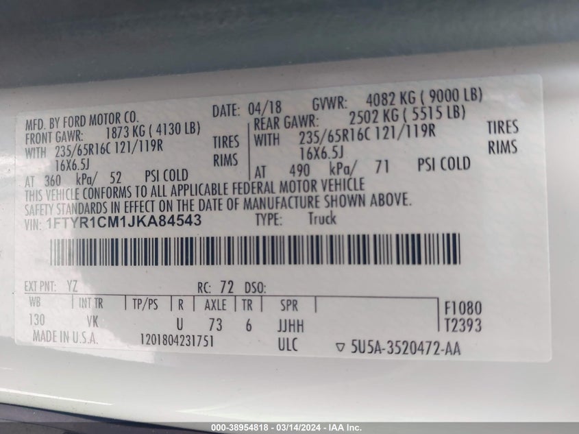 VIN 1FTYR1CM1JKA84543 2018 FORD TRANSIT-250 T-250