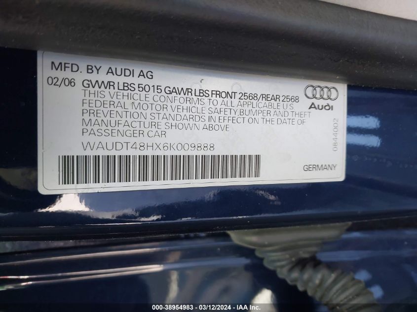 WAUDT48HX6K009888 | 2006 AUDI A4