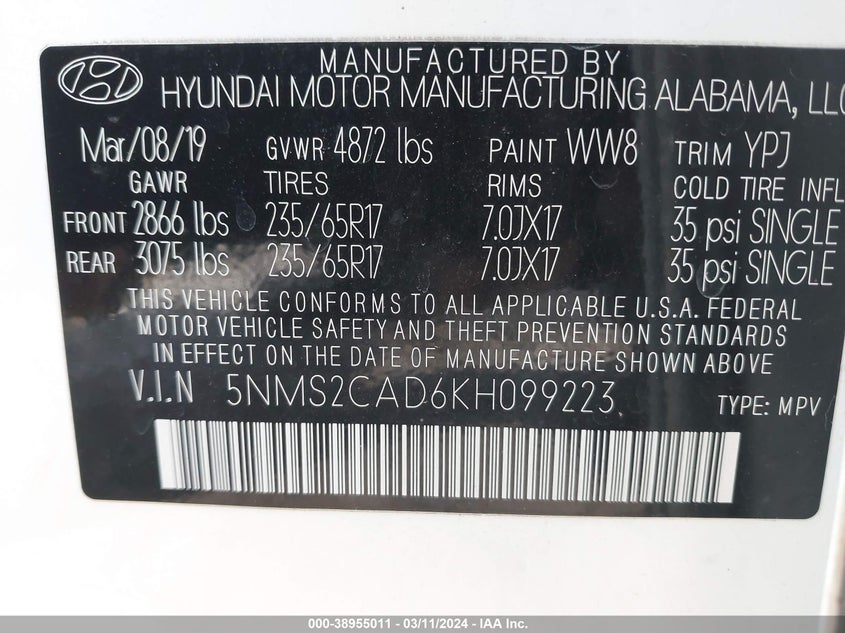 VIN 5NMS2CAD6KH099223 2019 HYUNDAI SANTA FE SE