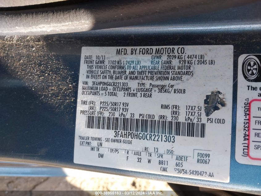 3FAHP0HG0CR221303 | 2012 FORD FUSION