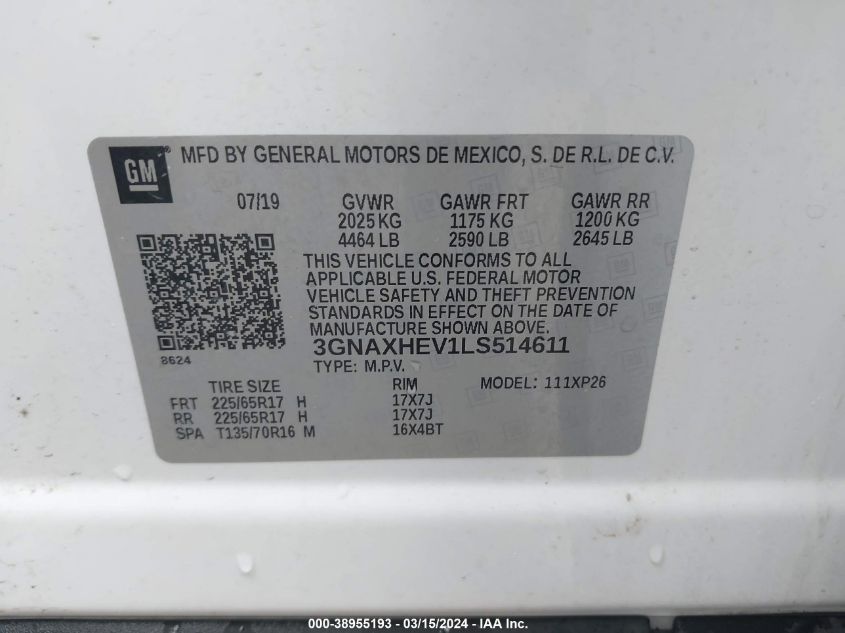 2020 Chevrolet Equinox Fwd Ls VIN: 3GNAXHEV1LS514611 Lot: 38955193