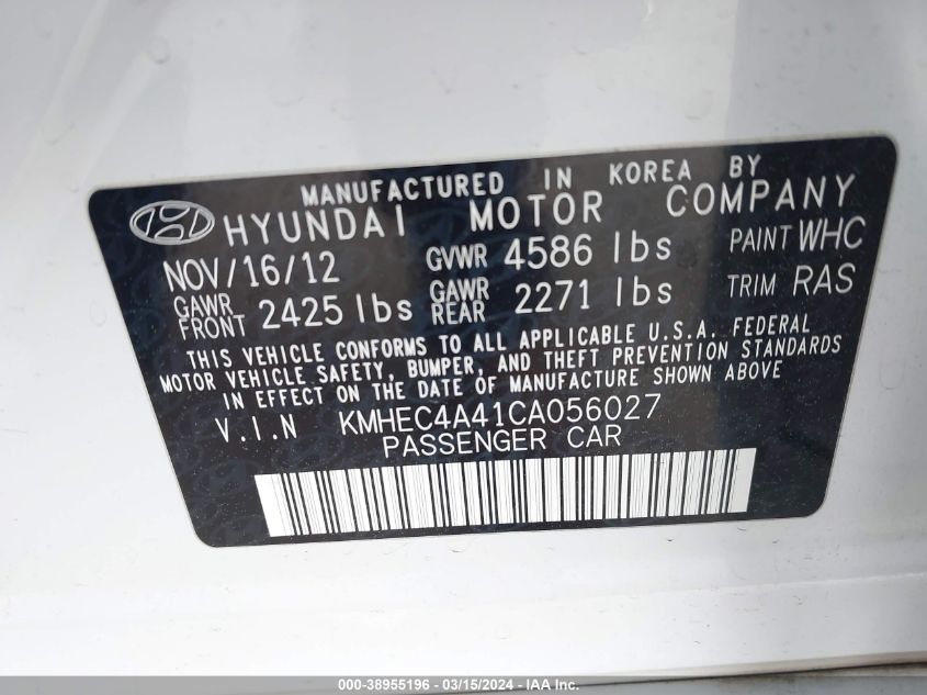 2012 Hyundai Sonata Hybrid VIN: KMHEC4A41CA056027 Lot: 38955196