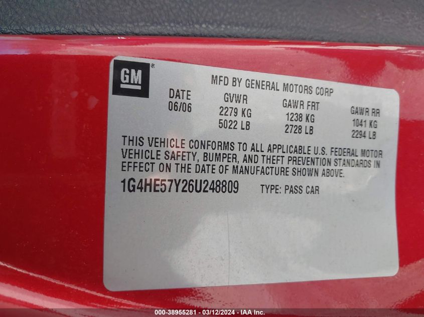 1G4HE57Y26U248809 | 2006 BUICK LUCERNE