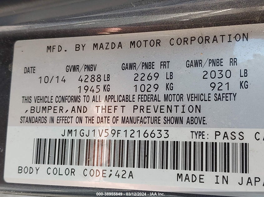 2015 MAZDA MAZDA6 I TOURING - JM1GJ1V59F1216633
