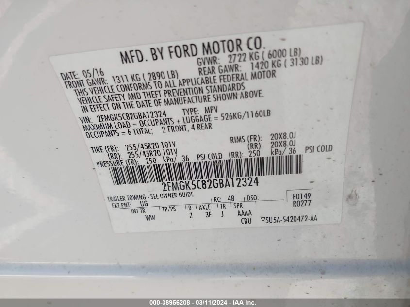 2FMGK5C82GBA12324 2016 Ford Flex Sel