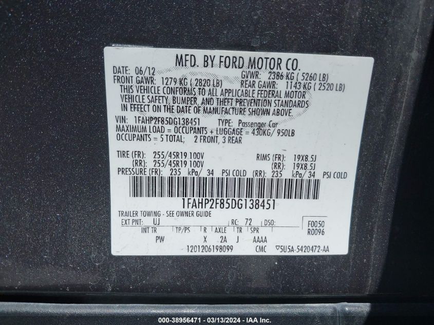 1FAHP2F85DG138451 | 2013 FORD TAURUS