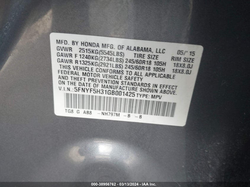 2016 HONDA PILOT EX - 5FNYF5H31GB001425