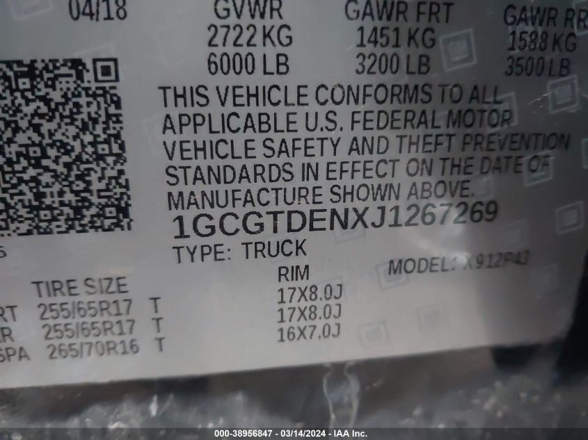 1GCGTDENXJ1267269 | 2018 CHEVROLET COLORADO