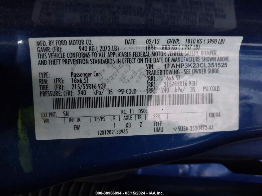 1FAHP3K23CL351525 | 2012 FORD FOCUS