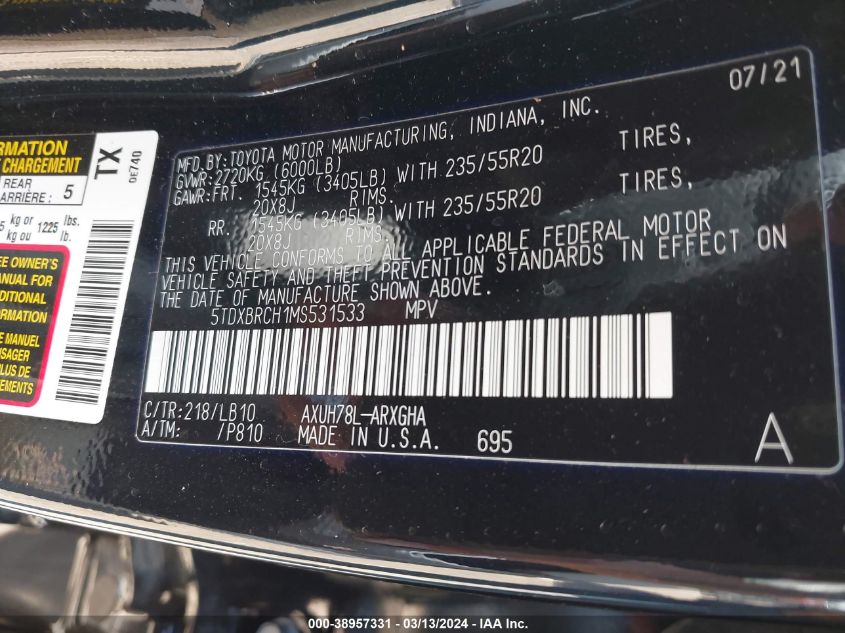 5TDXBRCH1MS531533 2021 Toyota Highlander Hybrid Limited