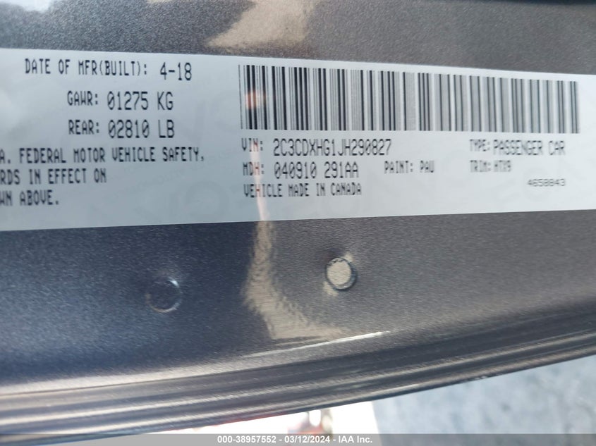 VIN 2C3CDXHG1JH290827 2018 DODGE CHARGER SXT PLUS RWD