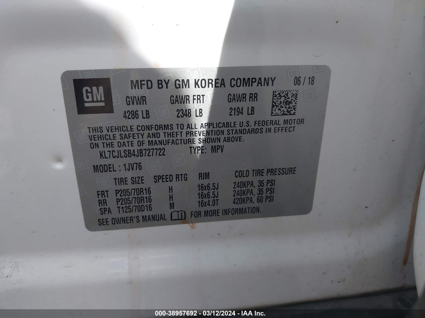 2018 CHEVROLET TRAX LT - KL7CJLSB4JB727722