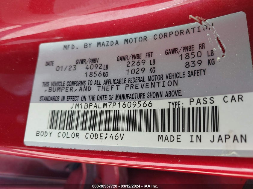2023 MAZDA 3 2.5L I4   N(VIN: JM1BPALM7P1609566