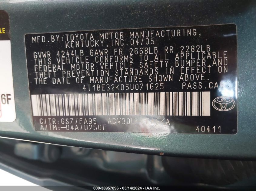 4T1BE32K05U071625 2005 Toyota Camry Xle