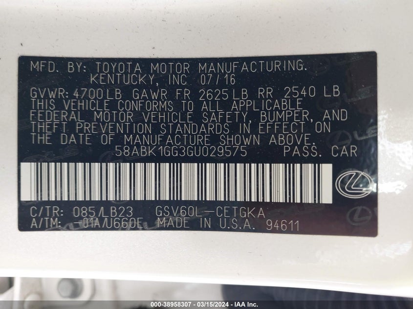 2016 LEXUS ES 350 - 58ABK1GG3GU029575