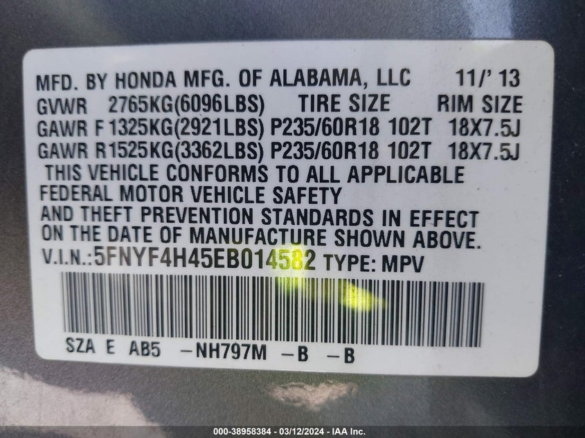 2014 HONDA PILOT EX - 5FNYF4H45EB014582