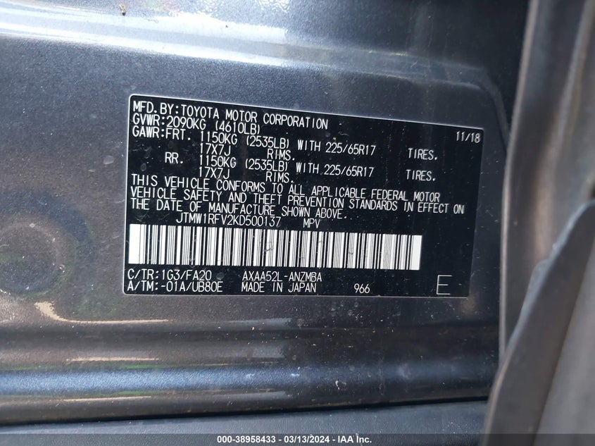 2019 TOYOTA RAV4 XLE/XLE PREMIUM - JTMW1RFV2KD500137