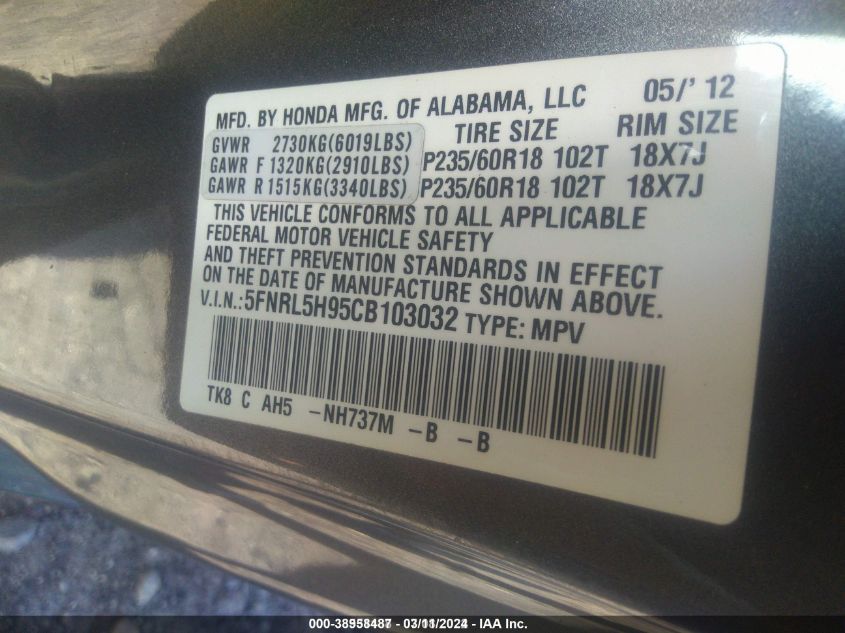 2012 Honda Odyssey Touring/Touring Elite VIN: 5FNRL5H95CB103032 Lot: 38958487