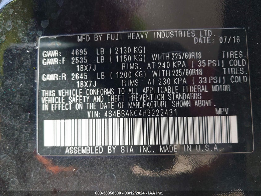 2017 SUBARU OUTBACK 2.5I LIMITED - 4S4BSANC4H3222431