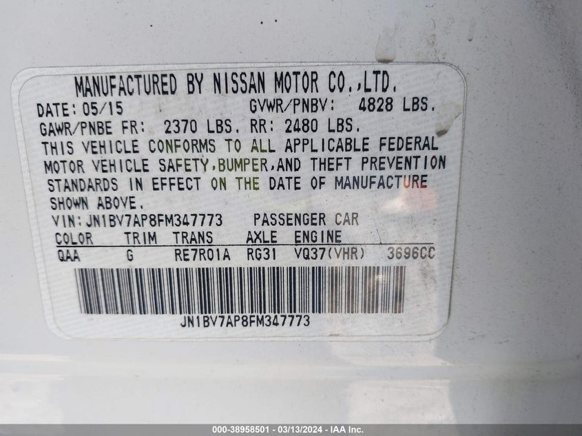 2015 INFINITI Q50 PREMIUM/SPORT - JN1BV7AP8FM347773