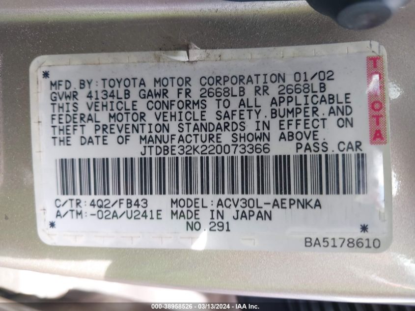 2002 Toyota Camry Le VIN: JTDBE32K220073366 Lot: 38958526