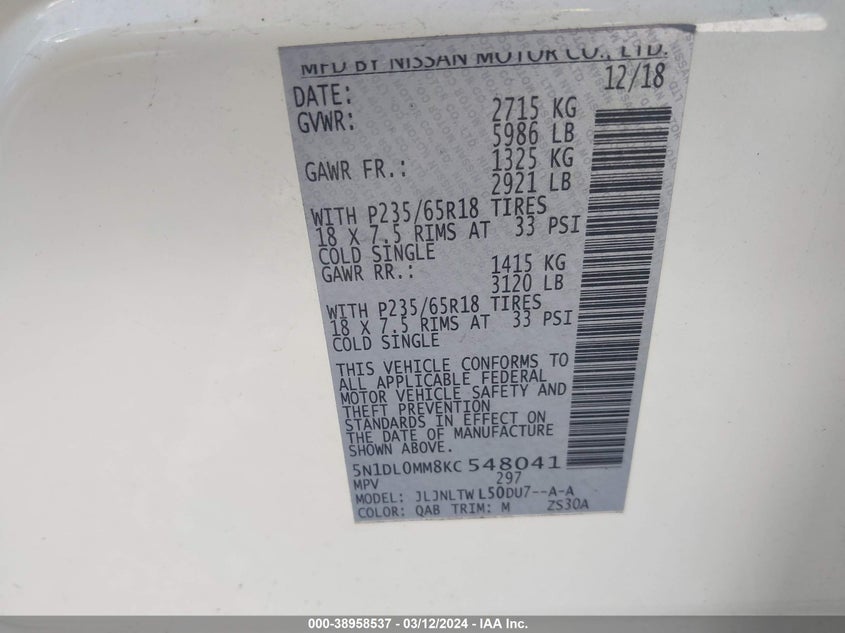 VIN 5N1DL0MM8KC548041 2019 INFINITI QX60 LUXE