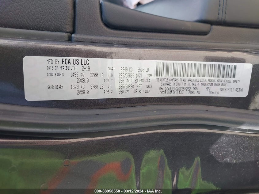 VIN 1C4RJEAG0KC657282 2019 JEEP GRAND CHEROKEE LAREDO