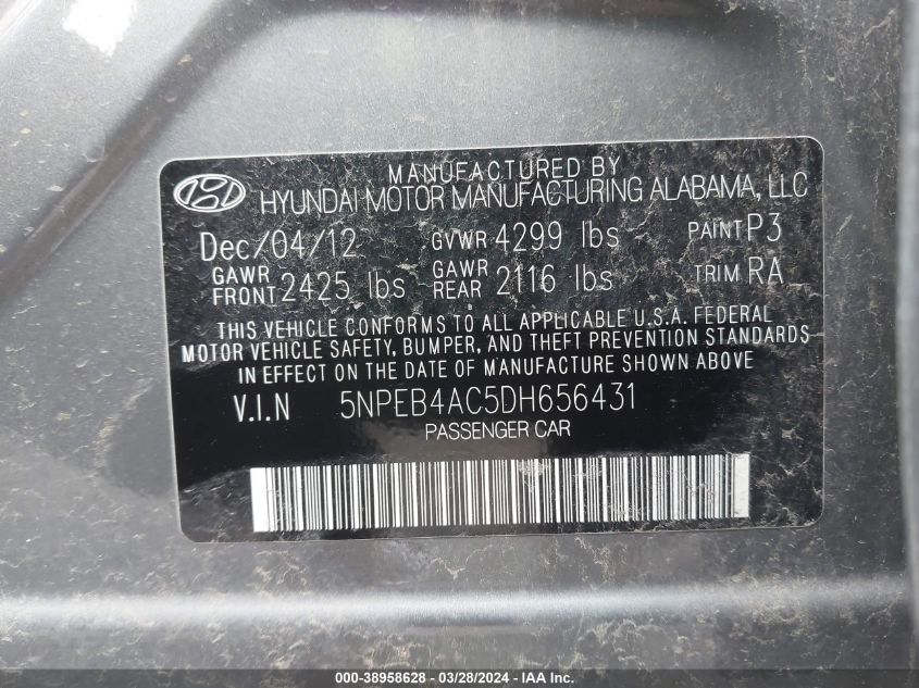 5NPEB4AC5DH656431 2013 Hyundai Sonata Gls