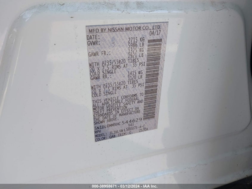 VIN 5N1DL0MMXHC544629 2017 INFINITI QX60