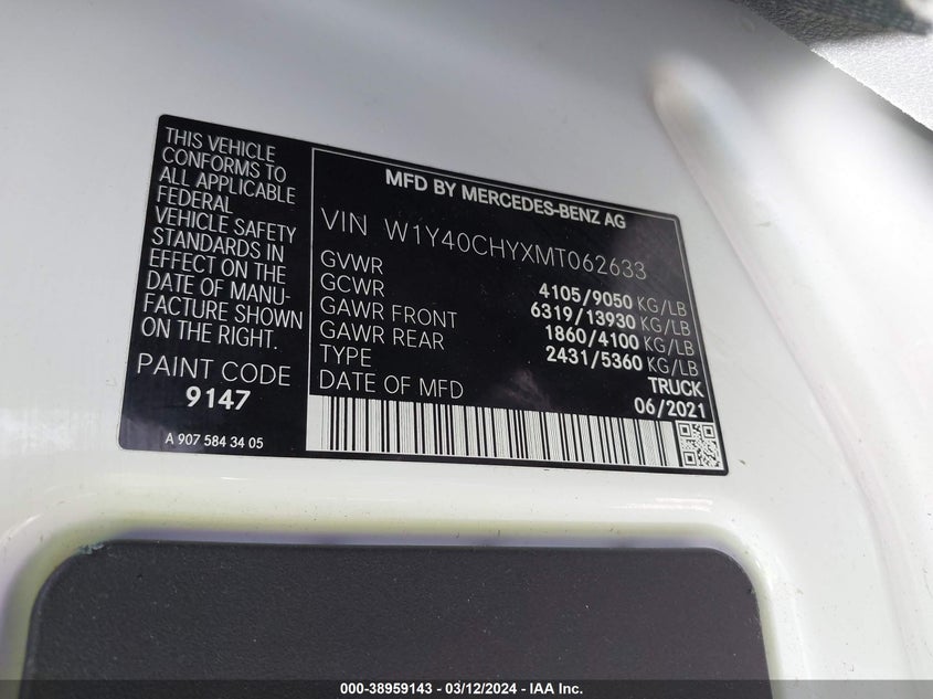 2021 MERCEDES-BENZ SPRINTER 2500 VIN: W1Y40CHYXMT062633