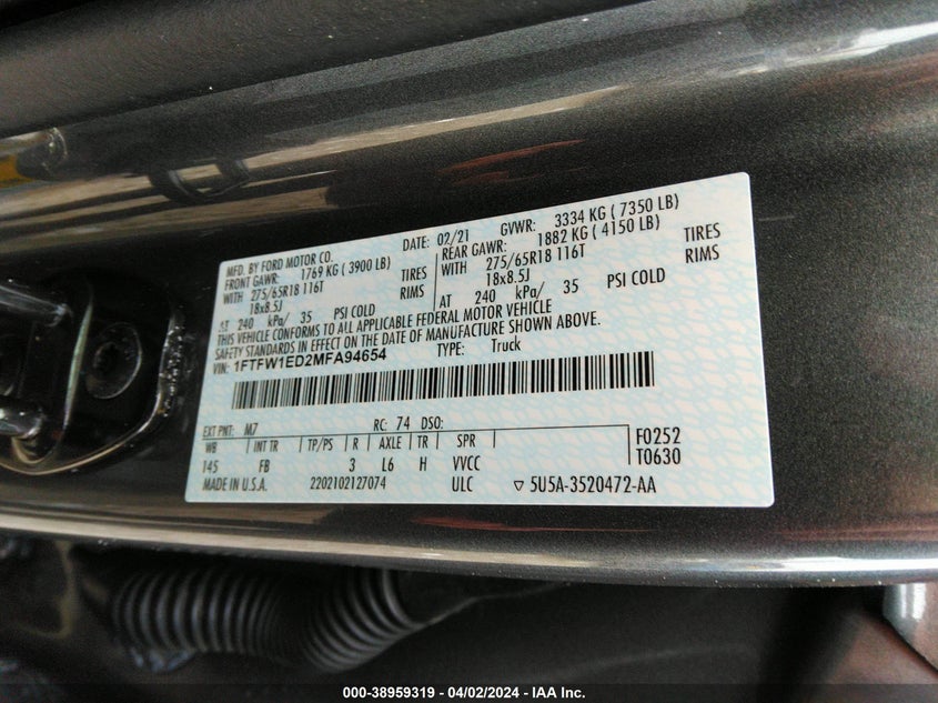VIN 1FTFW1ED2MFA94654 2021 FORD F-150 XLT