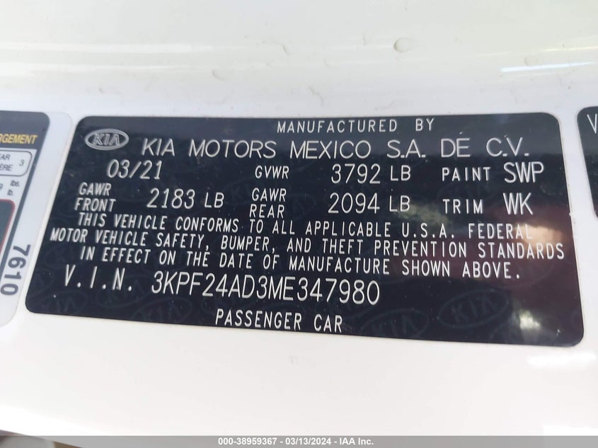 2021 KIA FORTE FE/LXS - 3KPF24AD3ME347980