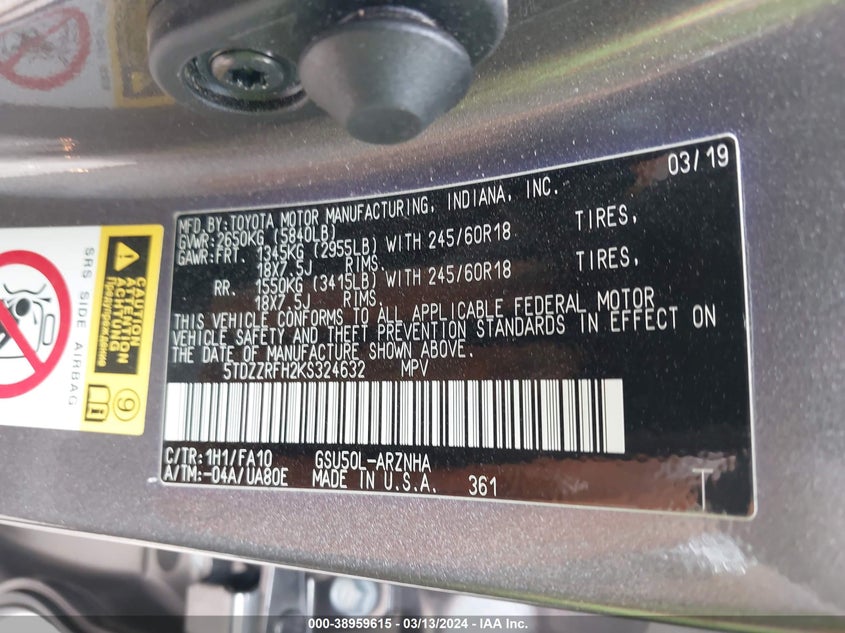 2019 TOYOTA HIGHLANDER VIN: 5TDZZRFH2KS324632