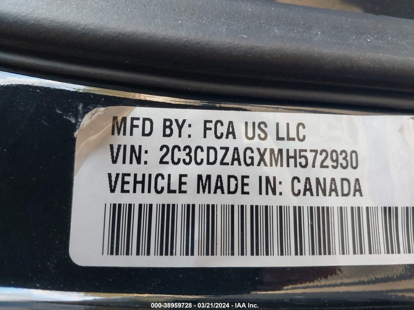 VIN 2C3CDZAGXMH572930 2021 DODGE CHALLENGER SXT