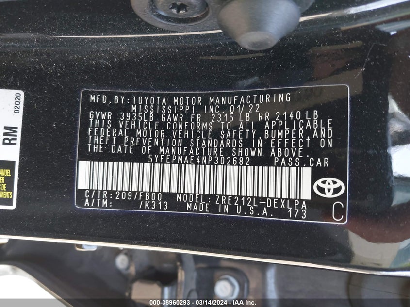 VIN 5YFEPMAE4NP302682 2022 TOYOTA COROLLA LE