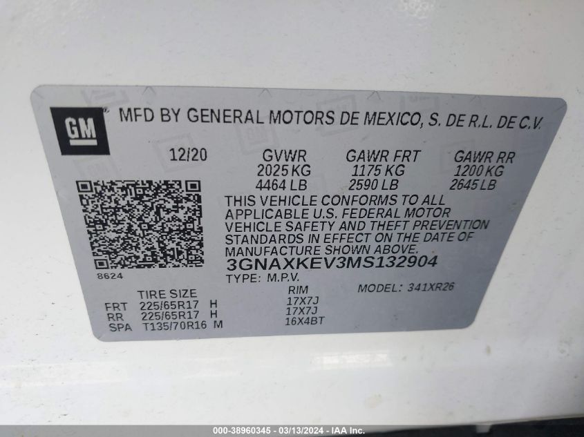 2021 Chevrolet Equinox Fwd Lt VIN: 3GNAXKEV3MS132904 Lot: 38960345