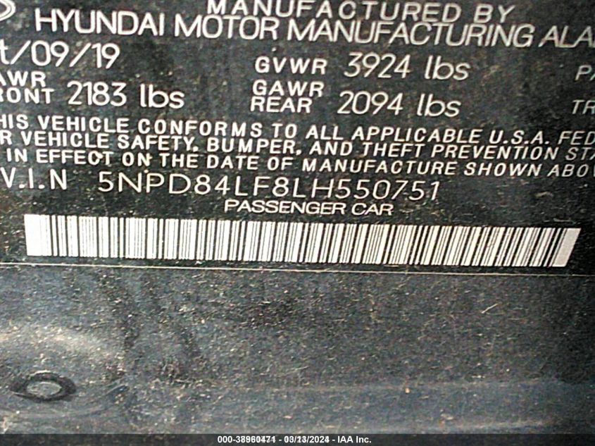 2020 Hyundai Elantra Sel VIN: 5NPD84LF8LH550751 Lot: 38960471